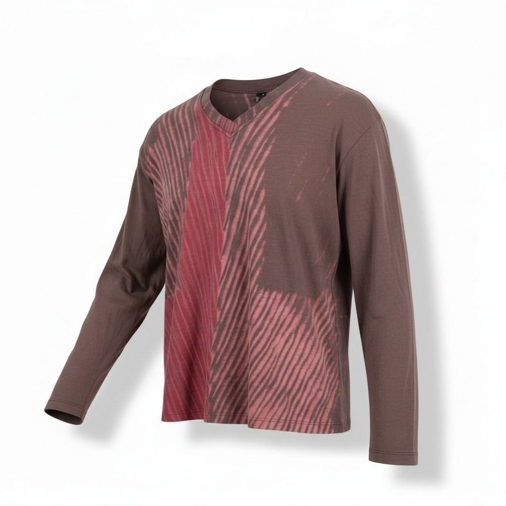 Jarbo Womens M Plum Red Abstract Linear Print Cotton Slub V-Neck Long Sleeve Top